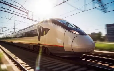 Schneller Zug nach Malaga rast auf den Gleisen. Die Sonne scheint, die Oberleitungen sind sichtbar.