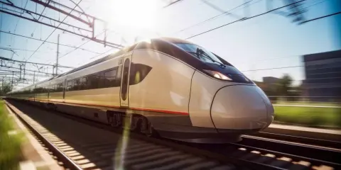 Schneller Zug nach Malaga rast auf den Gleisen. Die Sonne scheint, die Oberleitungen sind sichtbar.