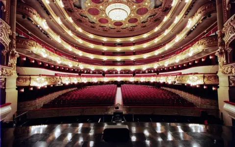 Der prunkvolle Innenraum des Gran Teatre del Liceu mit roten Samtsitzen und goldenen Verzierungen.