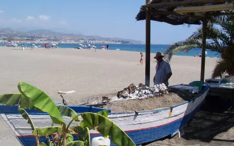 Ein Mann grillt Fisch auf einem Strand in Torre del Mar. Im Hintergrund das Meer und Berge.