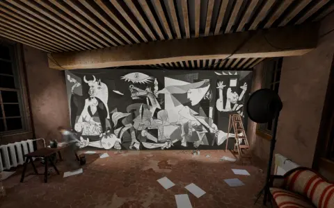 Im Guernica Picasso Museum hängt das berühmte Gemälde. Ein Künstler arbeitet daran.