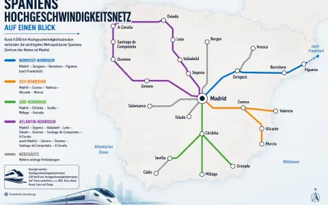 Karte des spanischen Hochgeschwindigkeitsnetzes mit Madrid als Zentrum. Verschiedene Korridore verbinden wichtige Städte wie Barcelona, Sevilla und A Coruña.