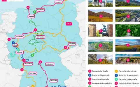 Eine Karte Deutschlands mit verschiedenen Routen, darunter die "Madrid Route" (nicht explizit auf der Karte, aber als Teil einer Reisevorstellung).