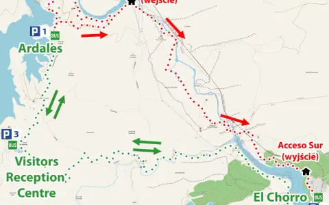 Anfahrtskarte zum Caminito del Rey mit Parkplätzen P1, P2, P3 und Besucherzentrum. Busrouten sind markiert.