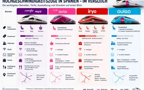 Vergleich spanischer Hochgeschwindigkeitszüge: Renfe AVE, Avlo, iryo und OUIGO. Infos zu Tarifen, Ausstattung und Streckennetz.