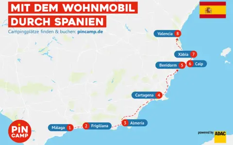 Reisekarte für Wohnmobil-Sightseeing in Spanien: Málaga, Frigiliana, Almería, Cartagena, Benidorm, Calp, Xàbia und Valencia.