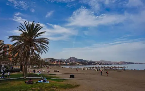 Sonniger Strand an der Costa del Sol mit Palmen, Menschen und dem Meer im Hintergrund.