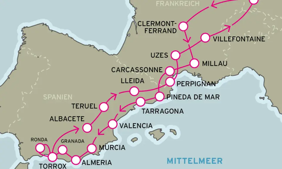 Karte zeigt eine Route für Motorradtouren Spanien, von Freiburg über Frankreich nach Spanien, mit Stopps in Valencia, Murcia und Almeria.