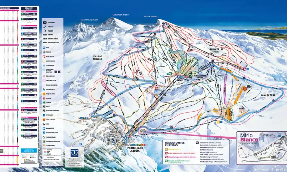 Pistenplan für die Skigebiete Spaniens: Sierra Nevada mit Höhenangaben, Pisten, Liften und Restaurants.