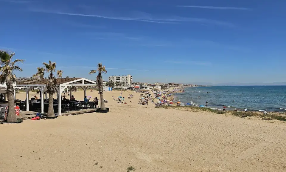 Sonniger Tag am Playa de la Mata. Menschen entspannen sich am Strand, einige im Wasser, andere unter Sonnenschirmen. Palmen säumen den Sand.