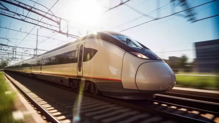 Schneller Zug nach Malaga rast auf den Gleisen. Die Sonne scheint, die Oberleitungen sind sichtbar.