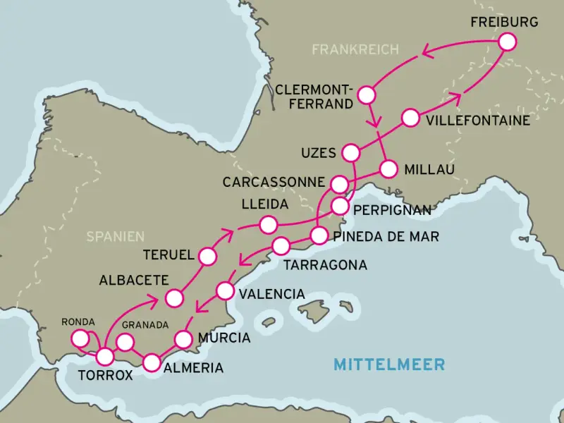 Karte zeigt eine Route für Motorradtouren Spanien, von Freiburg über Frankreich nach Spanien, mit Stopps in Valencia, Murcia und Almeria.