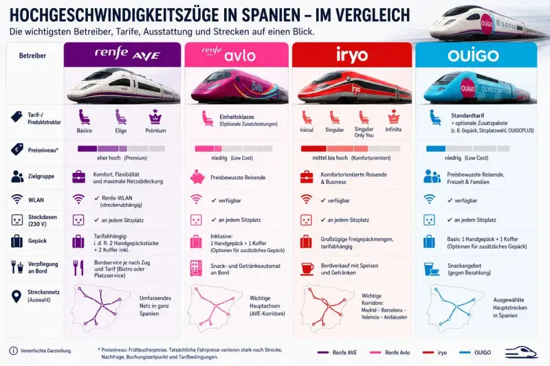 Vergleich spanischer Hochgeschwindigkeitszüge: Renfe AVE, Avlo, iryo und OUIGO. Infos zu Tarifen, Ausstattung und Streckennetz.